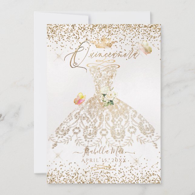 PixDezines Quinceanera White Gold Glitter Gown Invitation (Front)