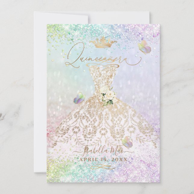 PixDezines Quinceanera White Gold Gown Butterflies Invitation (Front)