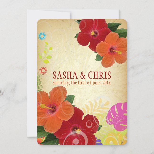 PixDezines red+orange hibiscus+monstera Invitation (Front)