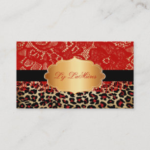 PixDezines red vintage lace+cheetah Business Card