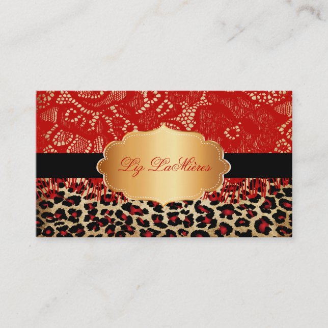 PixDezines red vintage lace+cheetah Business Card (Front)