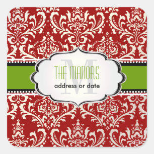 PixDezines Red+White Rossi Damask/Christmas Square Sticker