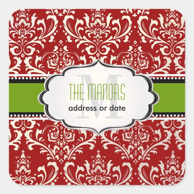 PixDezines Red+White Rossi Damask/Christmas Square Sticker (Front)