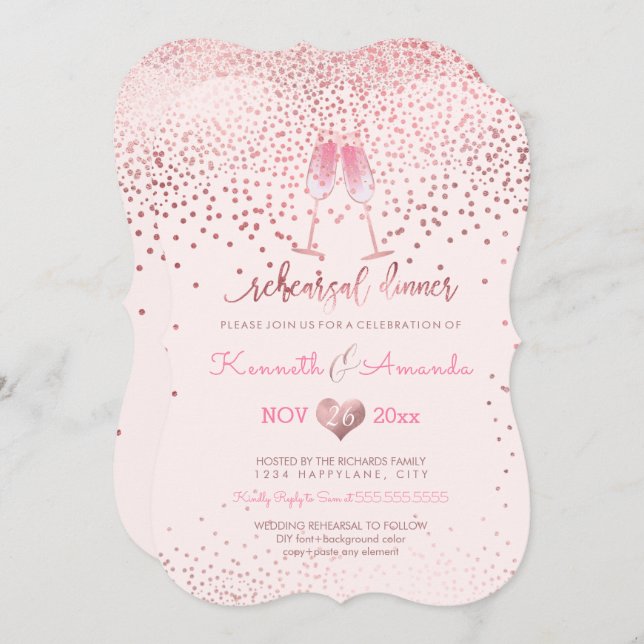 PixDezines Rehearsal Dinner/Bubbles+Pink Champagne Invitation (Front/Back)