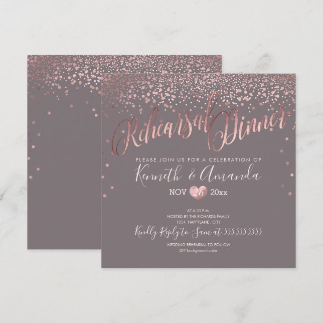 PixDezines Rehearsal Dinner/Faux RoseGold Confetti Invitation (Front/Back)