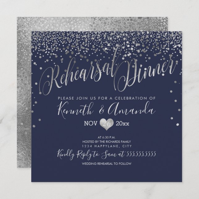 PixDezines Rehearsal Dinner/Faux Silver Confetti Invitation (Front/Back)