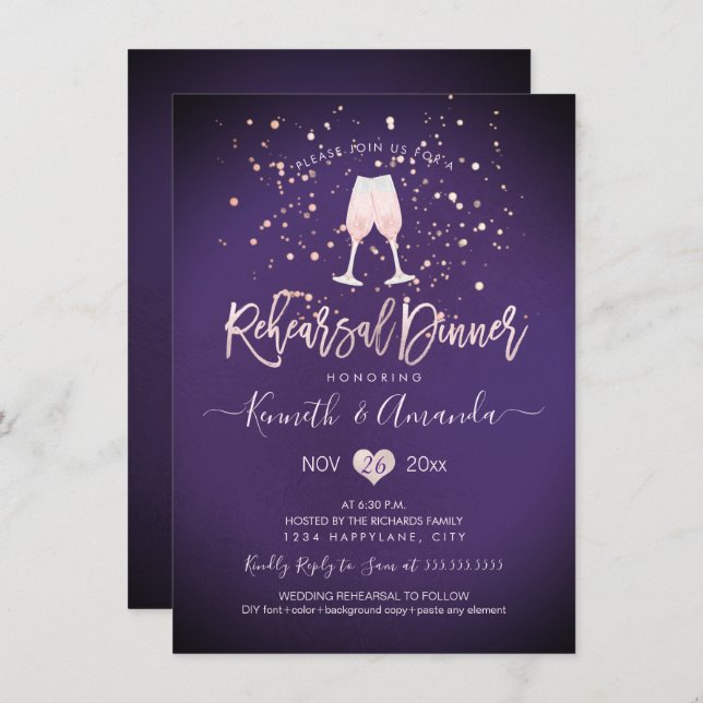 PixDezines Rehearsal Dinner Pink Champagne Plum Invitation (Front/Back)