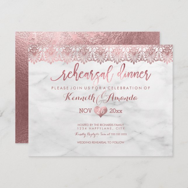 PixDezines Rehearsal Dinner/Rose Gold Lace/Marble Invitation (Front/Back)