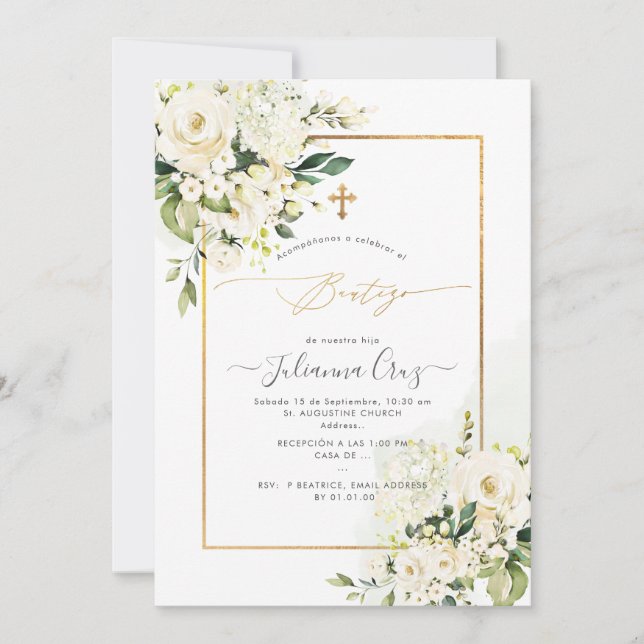 PixDezines Rosas Crema y Hortensias Bautizo Invitation (Front)