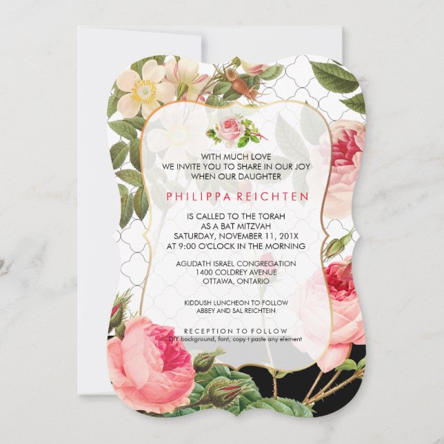 PixDezines Rose Garden Bat Mitzvah/DIY background Invitation (Back)