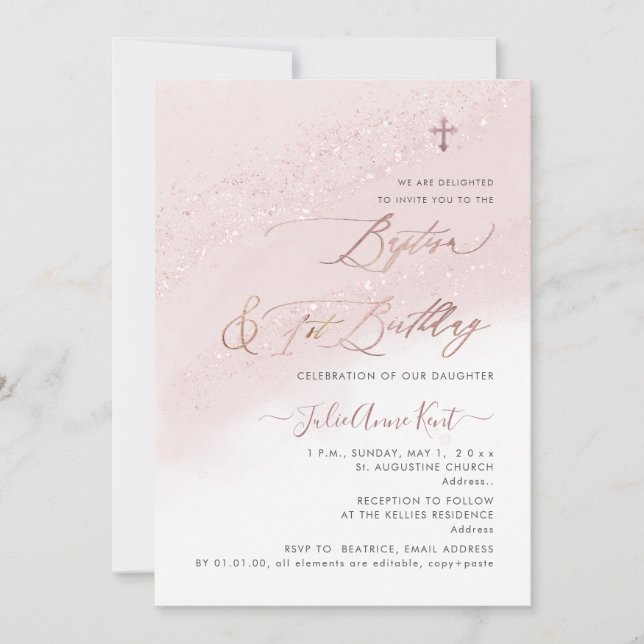 PixDezines Rose Gold Baptism+1st Birthday Invitation (Front)