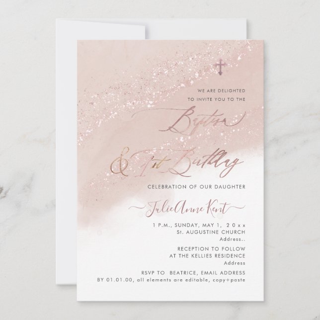 PixDezines Rose Gold Baptism+1st Birthday Invitation (Front)