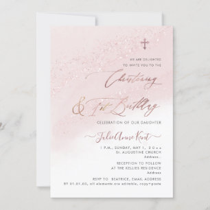 PixDezines Rose Gold Christening+1st Birthday Invitation