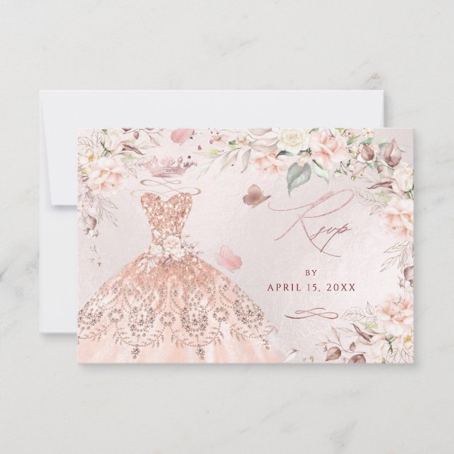 PixDezines Rose Gold Glitter Gown Sweet 16 RSVP Invitation (Front)