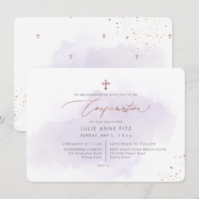 PixDezines Rose Gold H2 Purple Washed Confirmation Invitation (Front/Back)