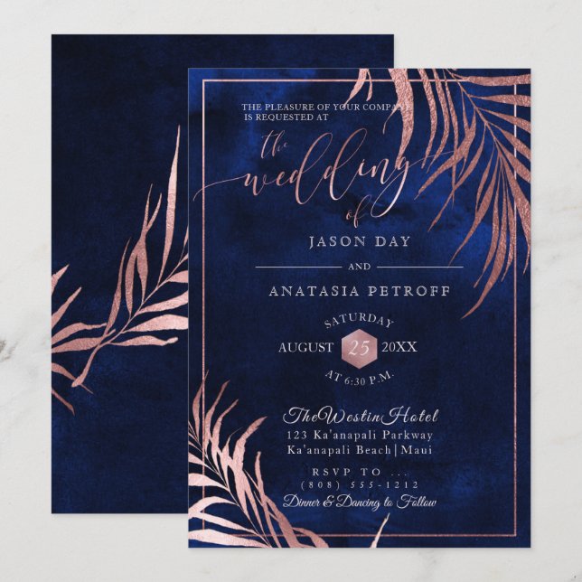 PixDezines Rose Gold Palm Fronds+H2O Navy Invitation (Front/Back)