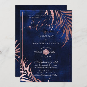 PixDezines Rose Gold Palm Fronds+H2O Navy Invitation
