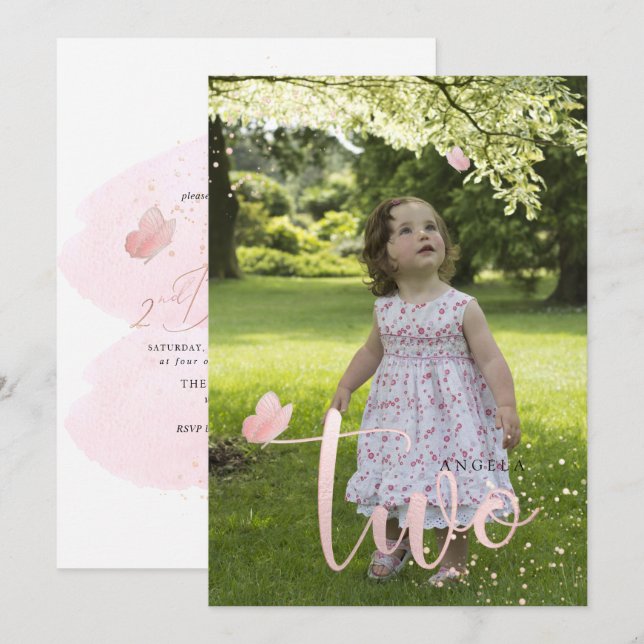 PixDezines Rose Gold Pink Butterflies Watercolor Invitation (Front/Back)