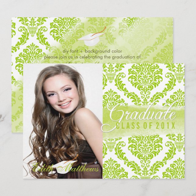PixDezines rosette damask/graduation/photo Invitation (Front/Back)