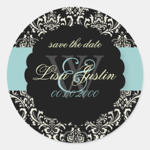 PixDezines Rossi Damask/Black+Blue Classic Round Sticker