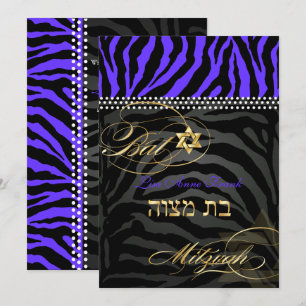 PixDezines Royal Purple Zebra Stripes, Bat Mitzvah Invitation