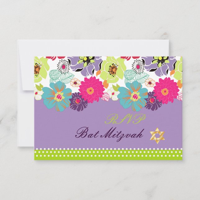 PixDezines rsvp/Alegre retro floral, Bat Mitzvah RSVP Card (Front)