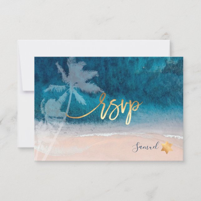 PixDezines RSVP Beach Palm Trees Bar Mitzvah Card (Front)
