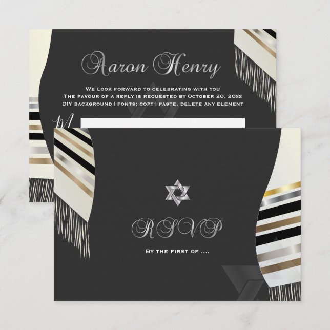 PixDezines RSVP Black White Tallit Mitzvah  Invitation (Front/Back)