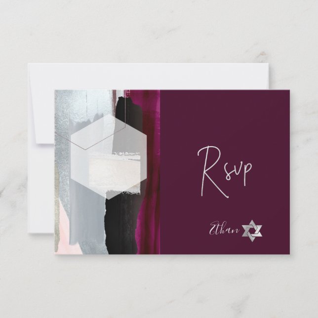 PixDezines RSVP Burgundy Watercolor Bat Mitzvah ✡ Card (Front)