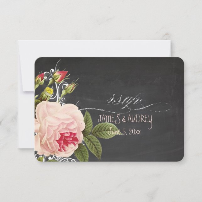 PixDezines rsvp chalkboard+vintage roses+swirls Card (Front)