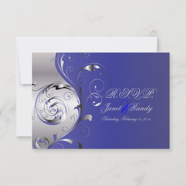 PixDezines rsvp Filigree+swirls/silver+blue Card (Front)