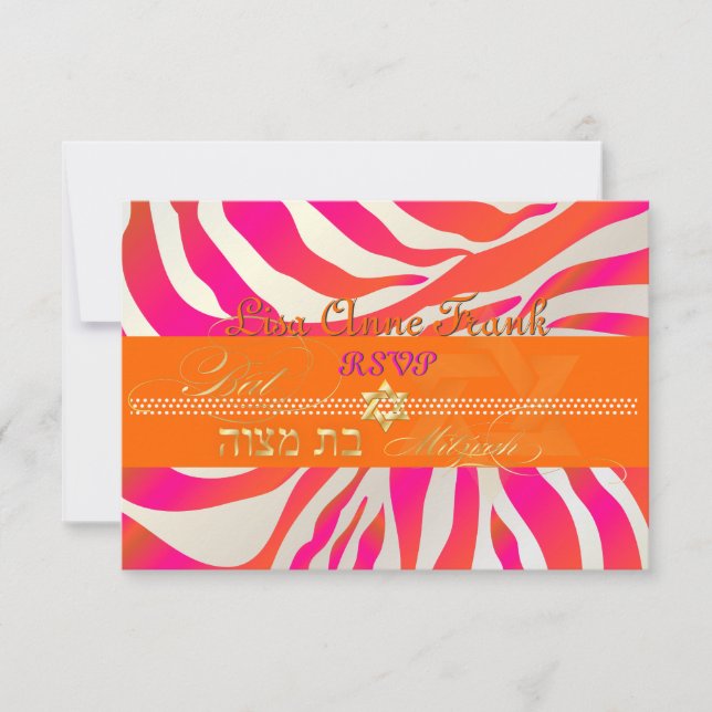 PixDezines rsvp Hot Pink+Orange Zebra, Bat Mitzvah (Front)