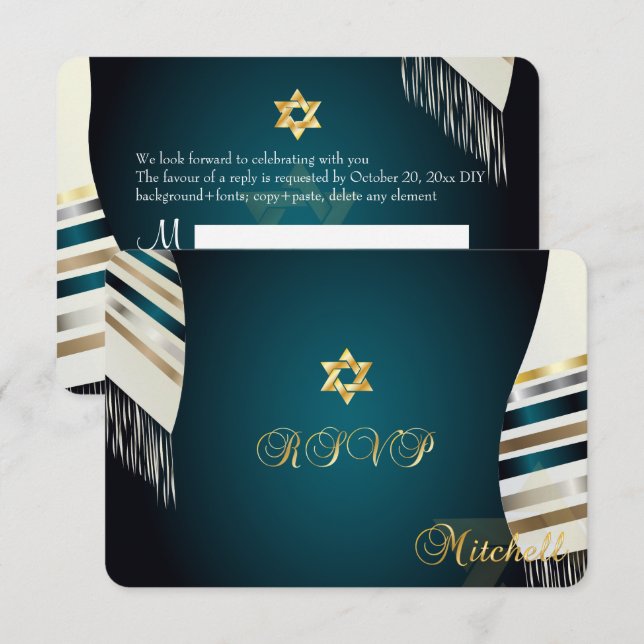 PixDezines RSVP Mitzvah/teal tallit/diy background Invitation (Front/Back)