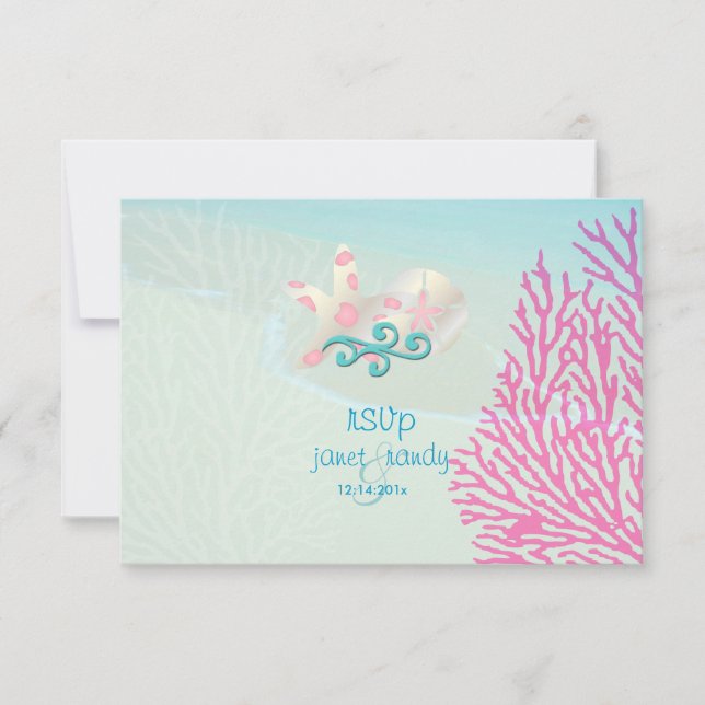 PixDezines rsvp pink coral+starfish, beach party Card (Front)