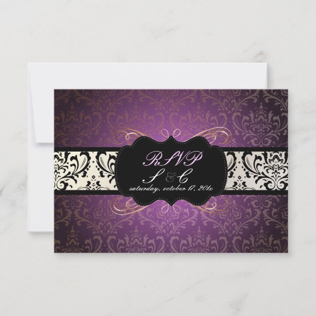 PixDezines rsvp Rossi Damask, Champagne+Plum Card (Front)
