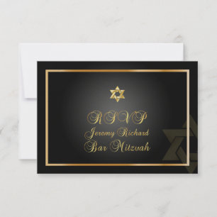 PixDezines rsvp Star, Bar Mitzvah/black+gold Invitation