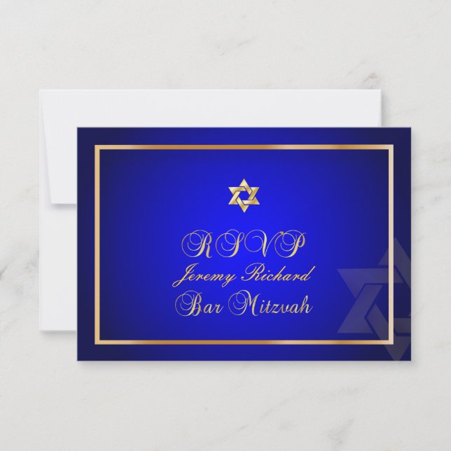 PixDezines rsvp Star, Bar Mitzvah/royal blue+gold Card (Front)