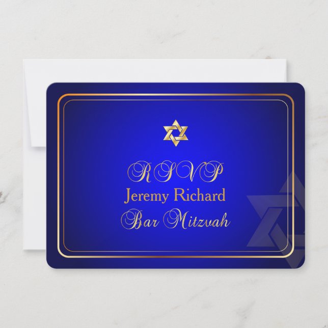 PixDezines rsvp Star, Bar Mitzvah/royal blue+gold Invitation (Front)
