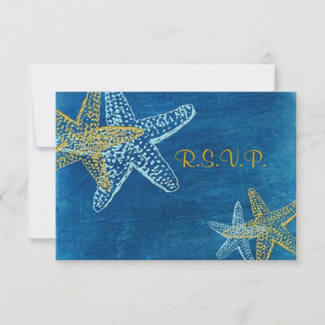 PixDezines rsvp, Starfish/blue/beach wedding RSVP Card (Front)
