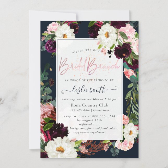 PixDezines Rustic Bloom, Bridal Brunch Navy Blush Invitation (Front)