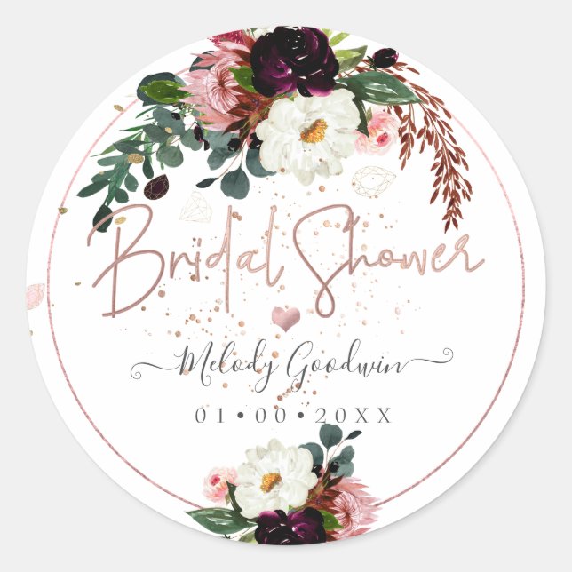 PixDezines Rustic Bloom Watercolor Bridal Shower Classic Round Sticker (Front)