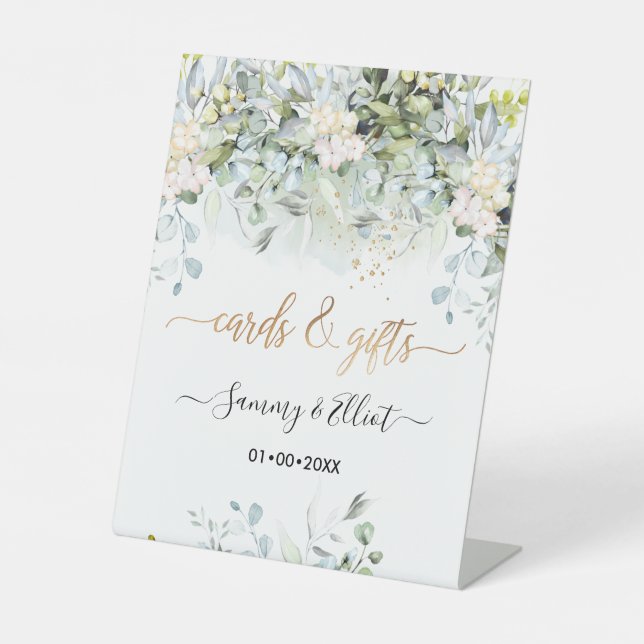 PixDezines Rustic Blue Gum Eucalyptus Cards+Gifts Pedestal Sign (Front)