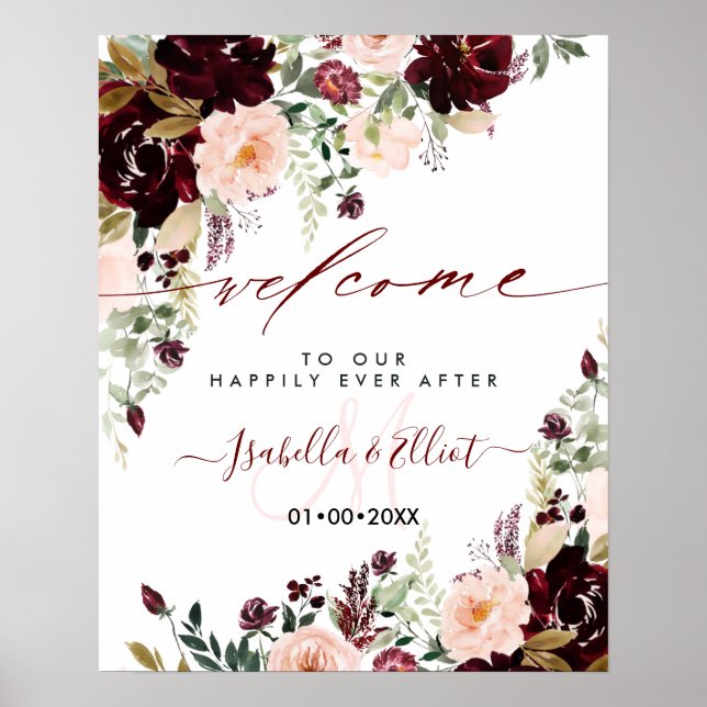 PixDezines Rustic Blush Burgundy Flowers Welcome Poster (Front)