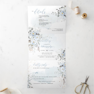 PixDezines Rustic Dusty Blue Roses Eucalyptus Tri-Fold Invitation