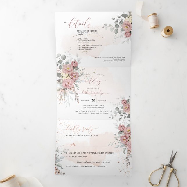 PixDezines Rustic Dusty Pink Roses Eucalyptus Tri-Fold Invitation (Inside)