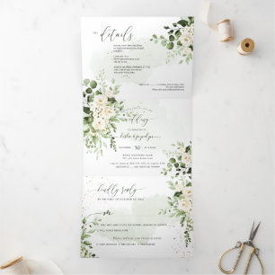 PixDezines Rustic Eucalyptus Alabaster Roses Tri-F Tri-Fold Invitation
