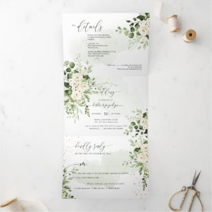 PixDezines Rustic Eucalyptus Alabaster Roses Tri-F Tri-Fold Invitation