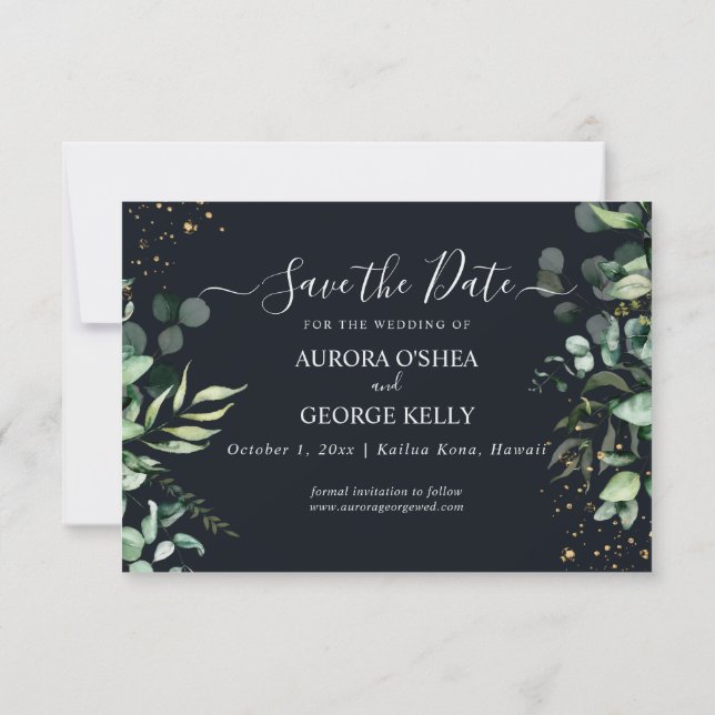 PixDezines Rustic Eucalyptus Navy n Gold Save The  Date (Back)