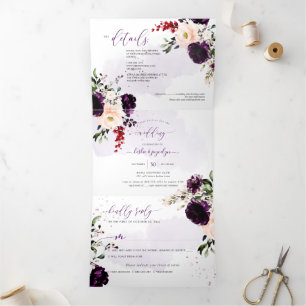PixDezines Rustic H2 Aubergine Burgundy Flowers Tri-Fold Invitation