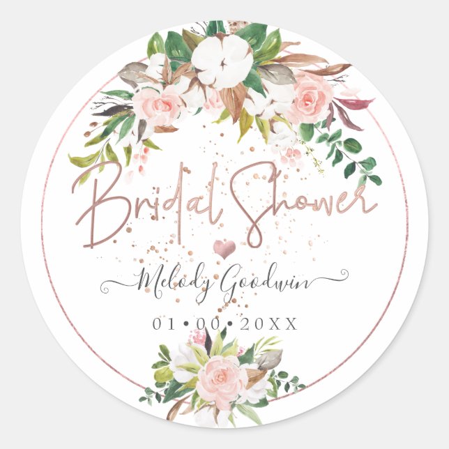 PixDezines Rustic H2 Cotton+Roses Bridal Shower Classic Round Sticker (Front)